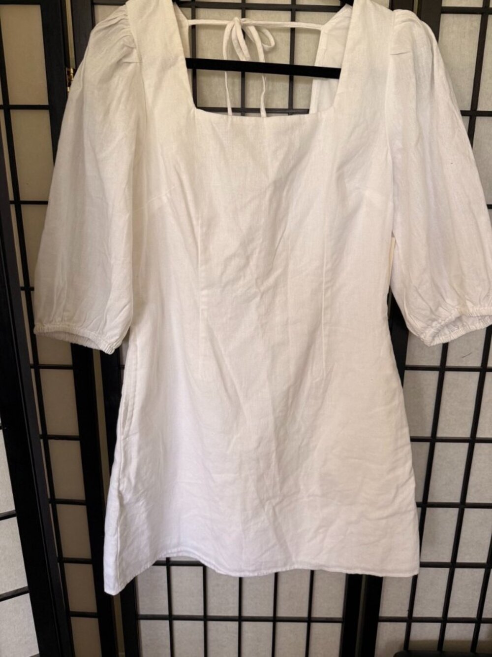 A New Day White Linen Puff Sleeve Mini Dress with Pockets NWT